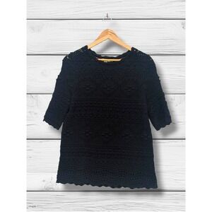 Boden Crochet Pointelle Knit Bobble Textured Short Sleeve Top Black US 6